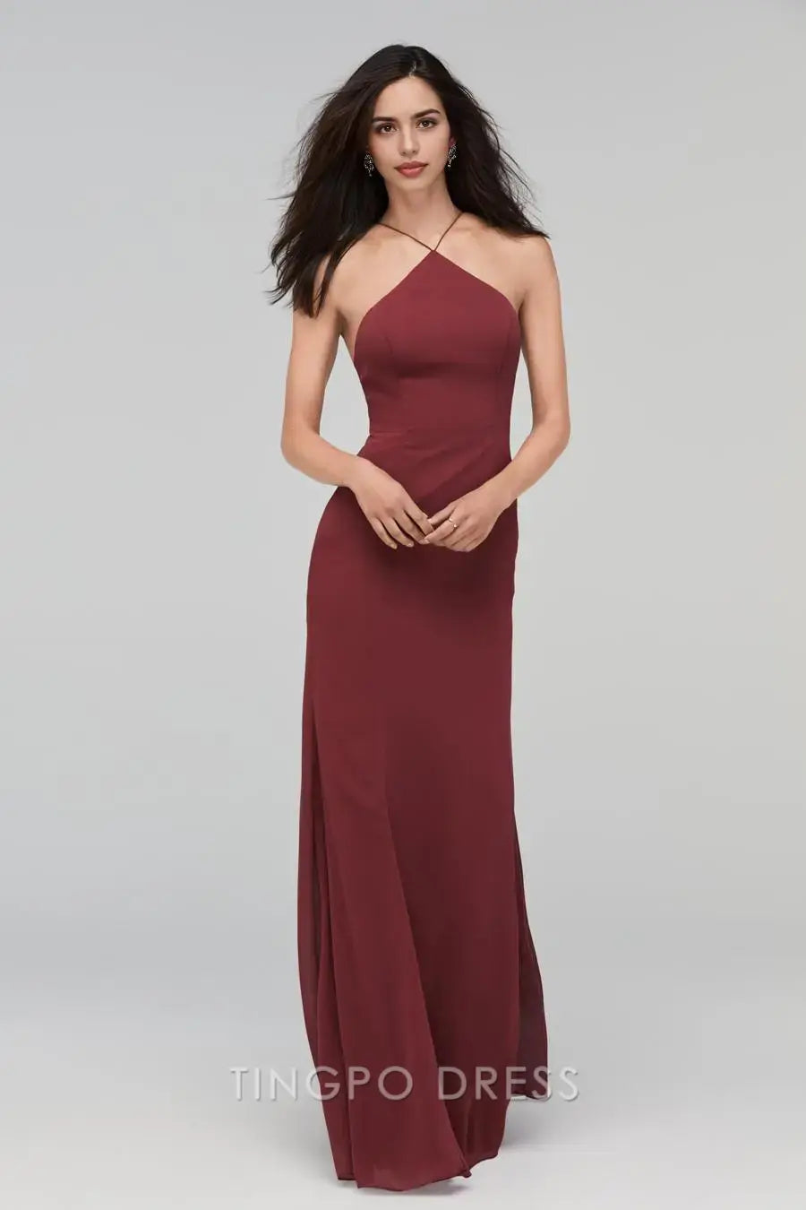 TingPo Wholesale Elegant Burgundy Cross Halter Dress - Open Back Sheath Maxi Evening Gown